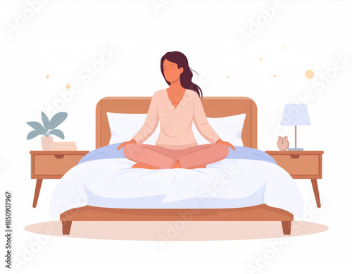 A woman meditating in a lotus position on a bed in a calm bedroom setting.