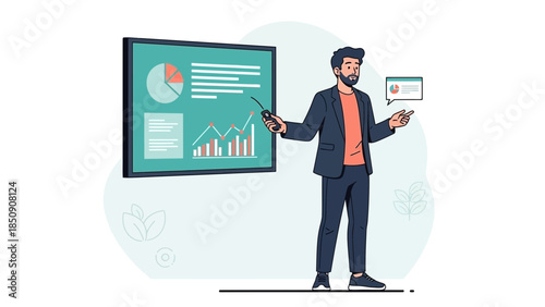 professional businessman giving a data presentation with charts and graphs in a modern office