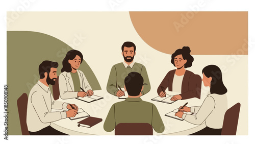 Business Meeting with Five Professionals Engaged in Discussion Around a Conference Table