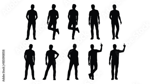 Ten black silhouettes of men in various poses isolated on white background vector
