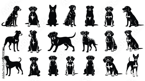 Collection of black dog silhouettes on white background vector