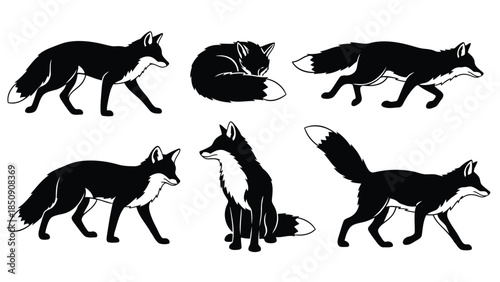 Six black and white fox silhouettes on white background vector