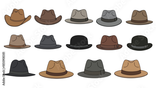 Collection of various hats on white background vector