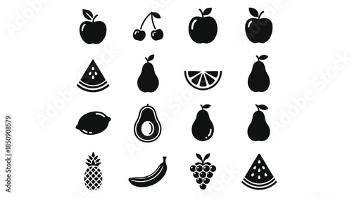 Collection of black fruit icons on white background vector
