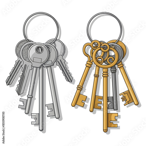 Two Keychains with Silver and Gold Keys on White Background.
