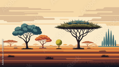 Stylized Vector Art Tranquil Savanna Landscape with Flat Design Trees and Arid Terrain, a Peaceful Digital Illustration at Sunset
