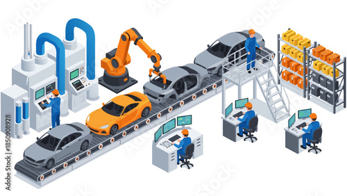 Streamlined automated car manufacturing process on an assembly line, featuring robotic technology and human oversight in a modern industrial factory setting