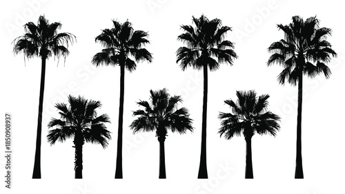 Seven black palm tree silhouettes on white background vector
