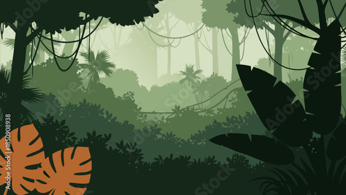 Stylized vector illustration of a dense tropical jungle. Lush green foliage, exotic plants, and tall trees create a serene natural habitat