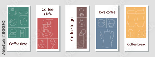 Coffee Themed Geometric Banners Collection. Hand drawn illustration of Coffee. Abstract geometric line background. Coffee icons, line design with simple shapes for coffee shops, product packaging, caf