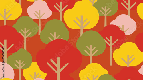 Vibrant autumn forest pattern with charming stylized trees in warm, earthy colors, perfect for seasonal graphic designs and textile backgrounds