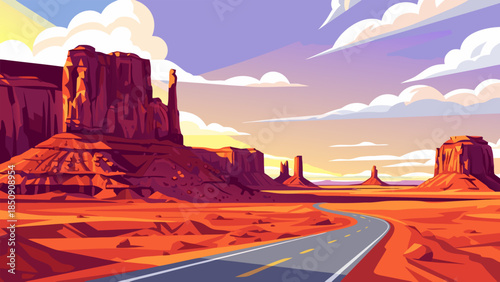 Bold vector artwork captures a sweeping desert landscape at sunset, featuring monumental rock formations and an endless winding highway