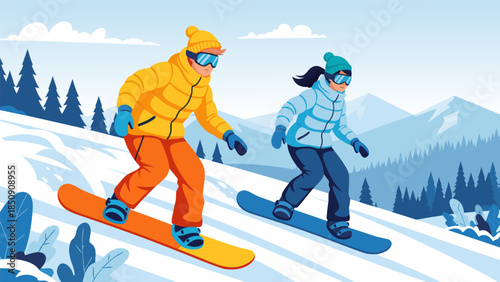 Dynamic vector illustration depicting two enthusiastic snowboarders enjoying a fun winter sport on a snowy mountain landscape