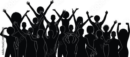 Black silhouette crowd of people cheering dancing with hands up vector illustration concert party celebration graphic element isolated