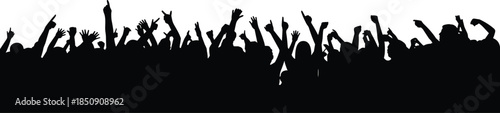 Black silhouette crowd of people hands up concert party cheering audience vector illustration festival celebration graphic element isolated