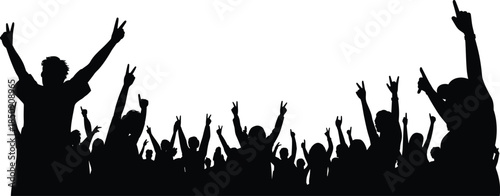 Black silhouette crowd people cheering concert party hands up rock sign festival vector illustration audience graphic element isolated