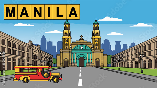 Vibrant illustration of Manila's iconic landmarks, featuring the grand cathedral and a classic jeepney, reflecting the capital's culture