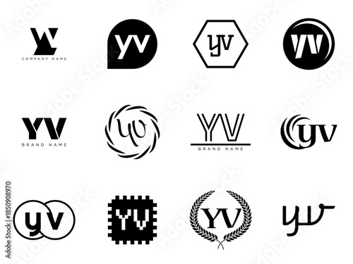 YV logo company template. Letter y and v logotype. Set different classic serif lettering and modern bold text with design elements. Initial font typography.