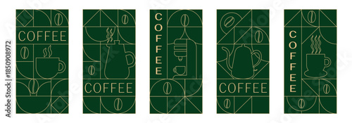 Coffee Themed Geometric Banners Collection. Hand drawn illustration of Coffee. Abstract geometric line background. Coffee icons, line design with simple shapes for coffee shops, product packaging, caf