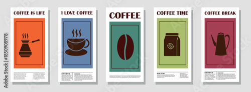 Coffee Themed Geometric Banners Collection. Hand drawn illustration of Coffee. Abstract geometric line background. Coffee icons, line design with simple shapes for coffee shops, product packaging, caf