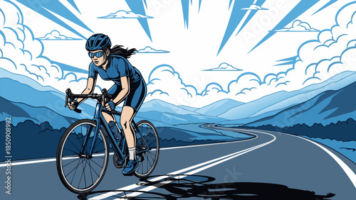 Vibrant vector illustration of a determined female cyclist on a scenic mountain road, showcasing speed, strength, and the joy of the ride