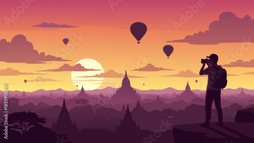 Adventurous photographer captures a stunning sunrise over an ancient temple city adorned with hot air balloons, a vibrant travel scene