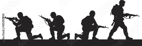 Black silhouette soldier set military army vector illustration combat war special forces infantry graphic element isolated on white background