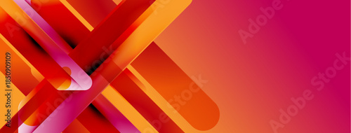 Abstract geometric shapes overlap, creating vibrant orange, red, pink gradients. Modern design suggests energy, movement, innovation.