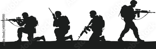 Black silhouette soldier set military army vector illustration combat war special forces infantry graphic element isolated on white background