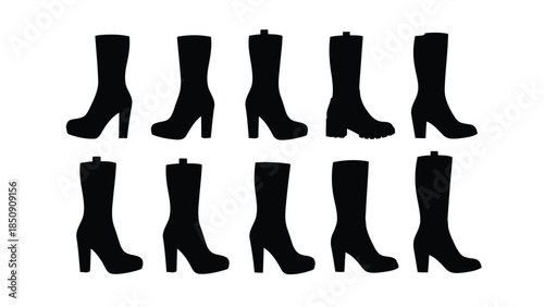Eight black high-heeled boots on white background vector