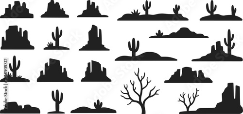 Desert landscape silhouettes set with cacti, rocks, mesas and dry trees, western nature scenery icons isolated on white background