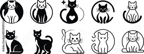 Cute cat logo icon set with line art and solid styles, adorable feline characters in circular frames isolated on white background