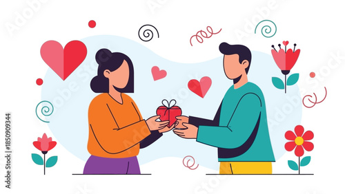 Romantic couple sharing heart gift on Valentine's Day vector illustration