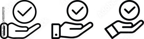 Hand Holding Check Mark Icon Set – Approval, Trust and Verified Guarantee Symbols