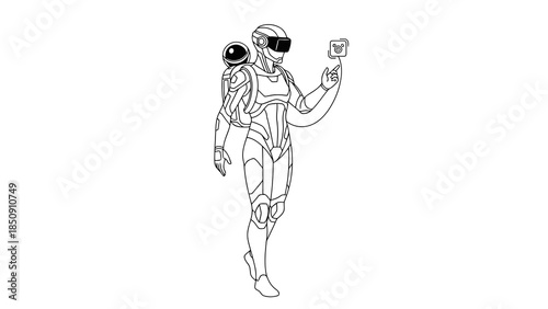 Futuristic android in vr headset interacting with digital interface on white background