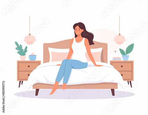 A woman sitting on a bed in a cozy bedroom with nightstands and lamps.