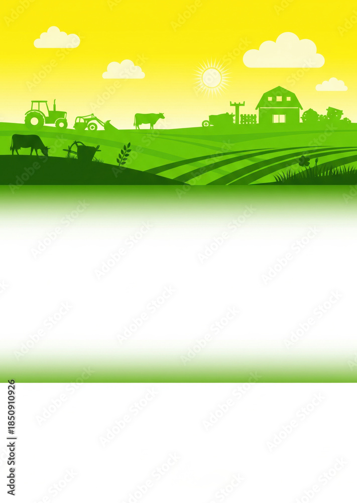 Fototapeta premium Green Farm Scene: Agriculture, Livestock, and Machinery Landscape