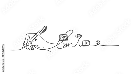 Hand writing connected with digital symbols - laptop, wifi, play button, video icon.