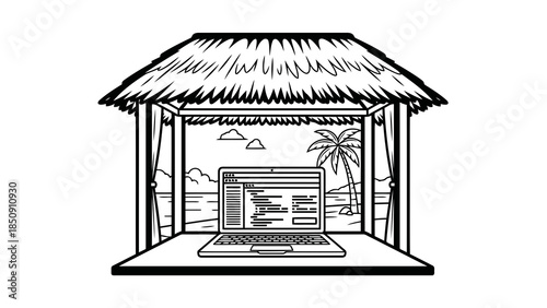 Laptop in beach hut with palm tree and ocean view, freelance work concept illustration