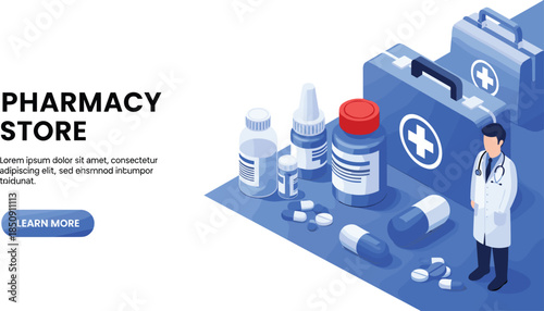 Pharmacy store isometric illustration, medical supplies and medicines with pharmacist character, healthcare concept banner, modern flat design, cad drawing flat vector illustration