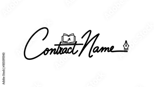 Signature of contract name with book and pen nib icon, representing agreement, legal, and authorship