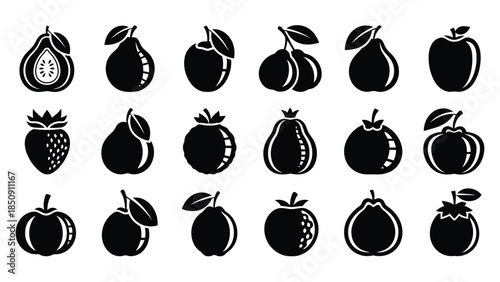 Collection of black fruit icons on white background vector