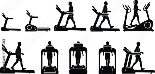 Silhouette people on treadmills and elliptical machines, gym workout icons, cardio exercise vector set, fitness equipment illustration pack