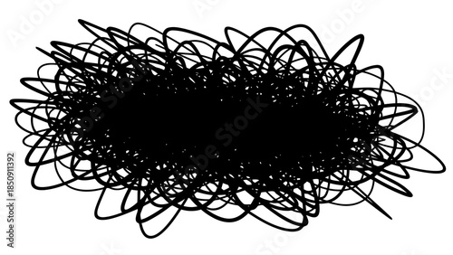 Abstract black scribble forming a dense, chaotic cloud shape isolated on white background