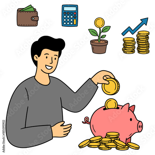 Saving money and investment concept of man putting coin in piggy bank with finance icons like calculator and growth chart. Vector illustration of personal budget and wealth management.