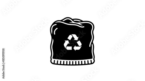 Black recycling bag icon with white recycle symbol isolated on white background