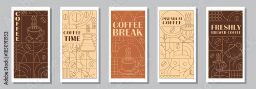 Coffee Themed Geometric Banners Collection. Hand drawn illustration of Coffee. Abstract geometric line background. Coffee icons, line design with simple shapes for coffee shops, product packaging, caf
