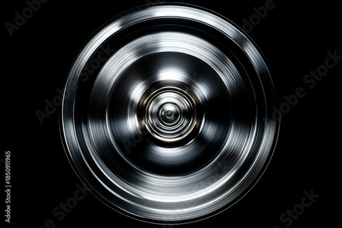 Abstract metallic spiral on black background with concentric circles