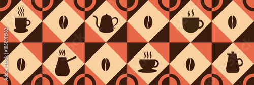 Coffee Themed Geometric seamless pattern. Abstract mosaic background. Coffee icons, line design with simple shapes for coffee shops, cafe walls, and menu.