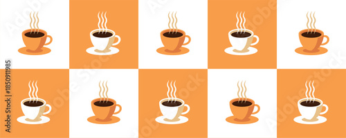 Coffee Themed Geometric seamless pattern. Abstract mosaic background. Coffee icons, line design with simple shapes for coffee shops, cafe walls, and menu.